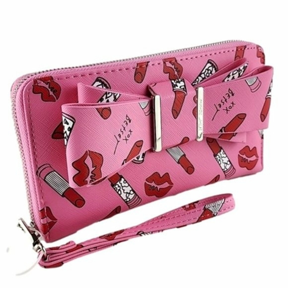Betsey Johnson Clutch Wallet Zip Around Barbie Pink Lipstick Bow Faux Leather - Picture 3 of 16